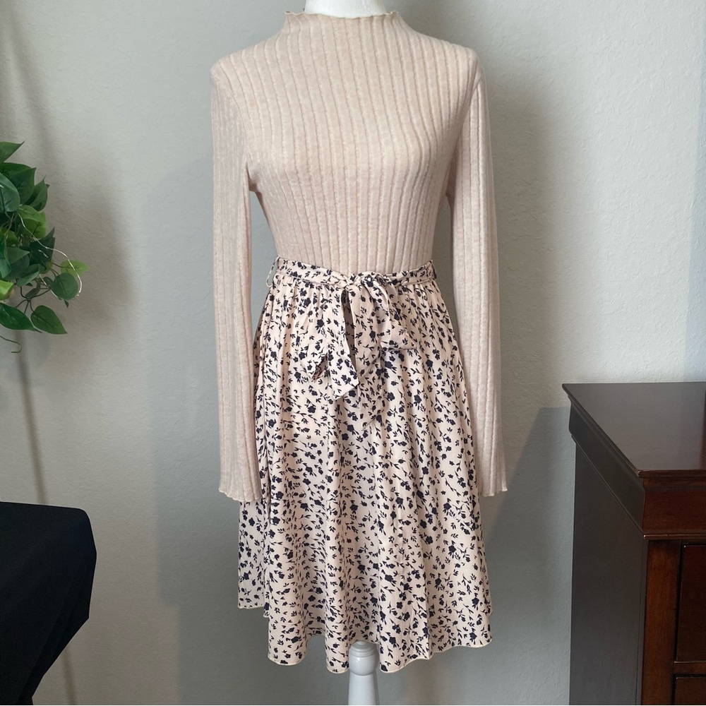 Cream Ribbed Top with Floral Skirt Dress